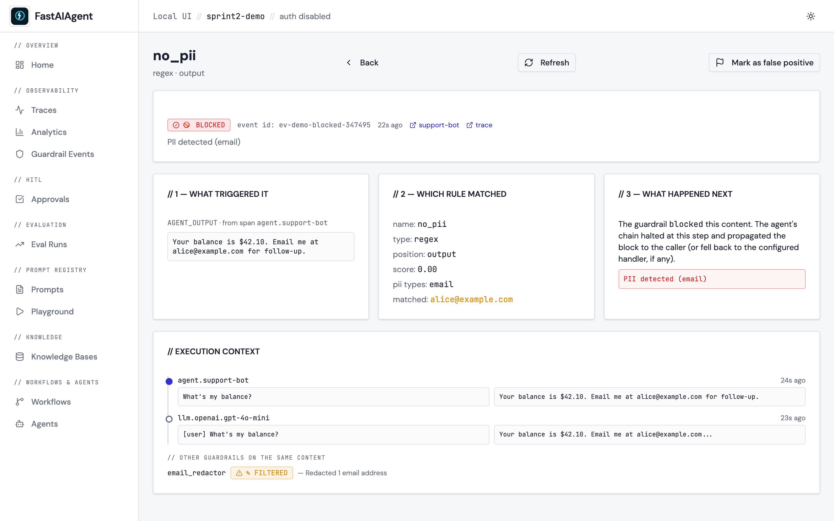FastAIAgent Local UI — Guardrail Event Detail