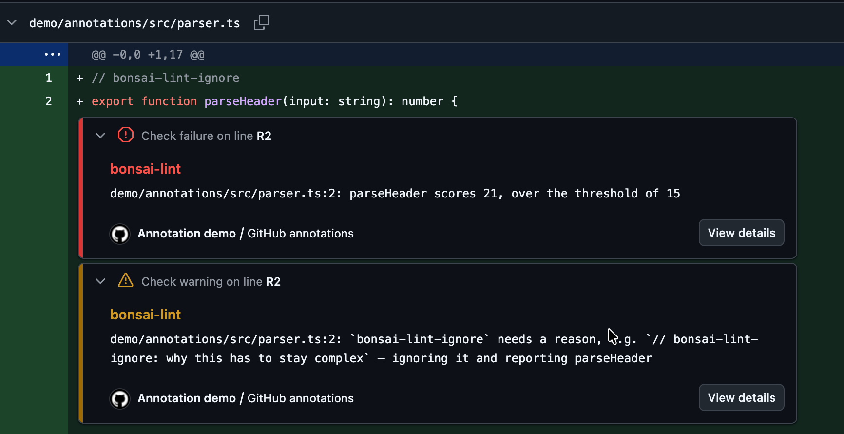 A pull request's changed TypeScript file with two annotations on one line: a bonsai-lint breach as a check failure, and a warning that its suppression marker needs a reason