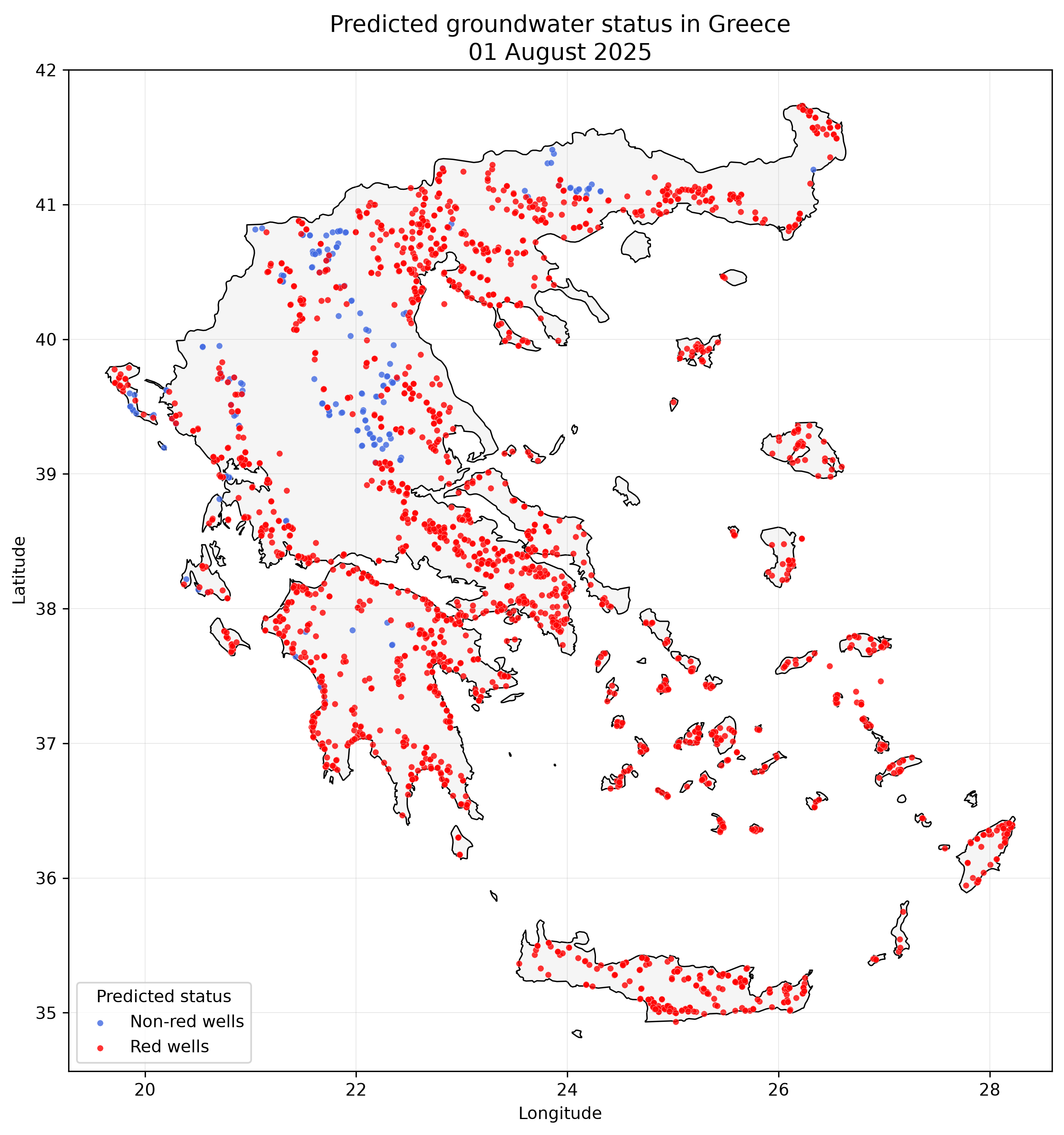 Predicted groundwater status in Greece on 1 August 2025