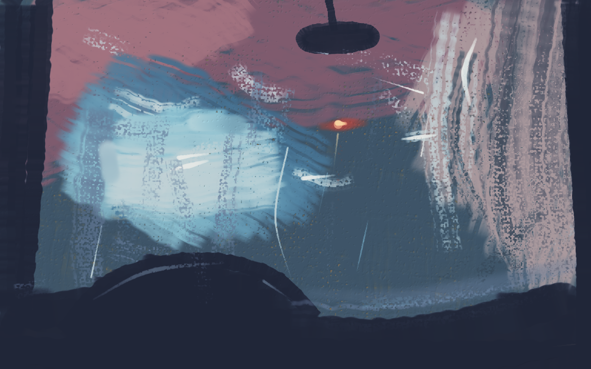 Inside a car wash seen from the driver's seat: a magenta foam arch overhead, a bloom of white light down the tunnel, a red stop light, and a foam-covered side brush swinging in from the right, past a steering wheel and rear-view mirror