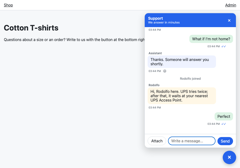 The "contact us" widget open on a shop's page
