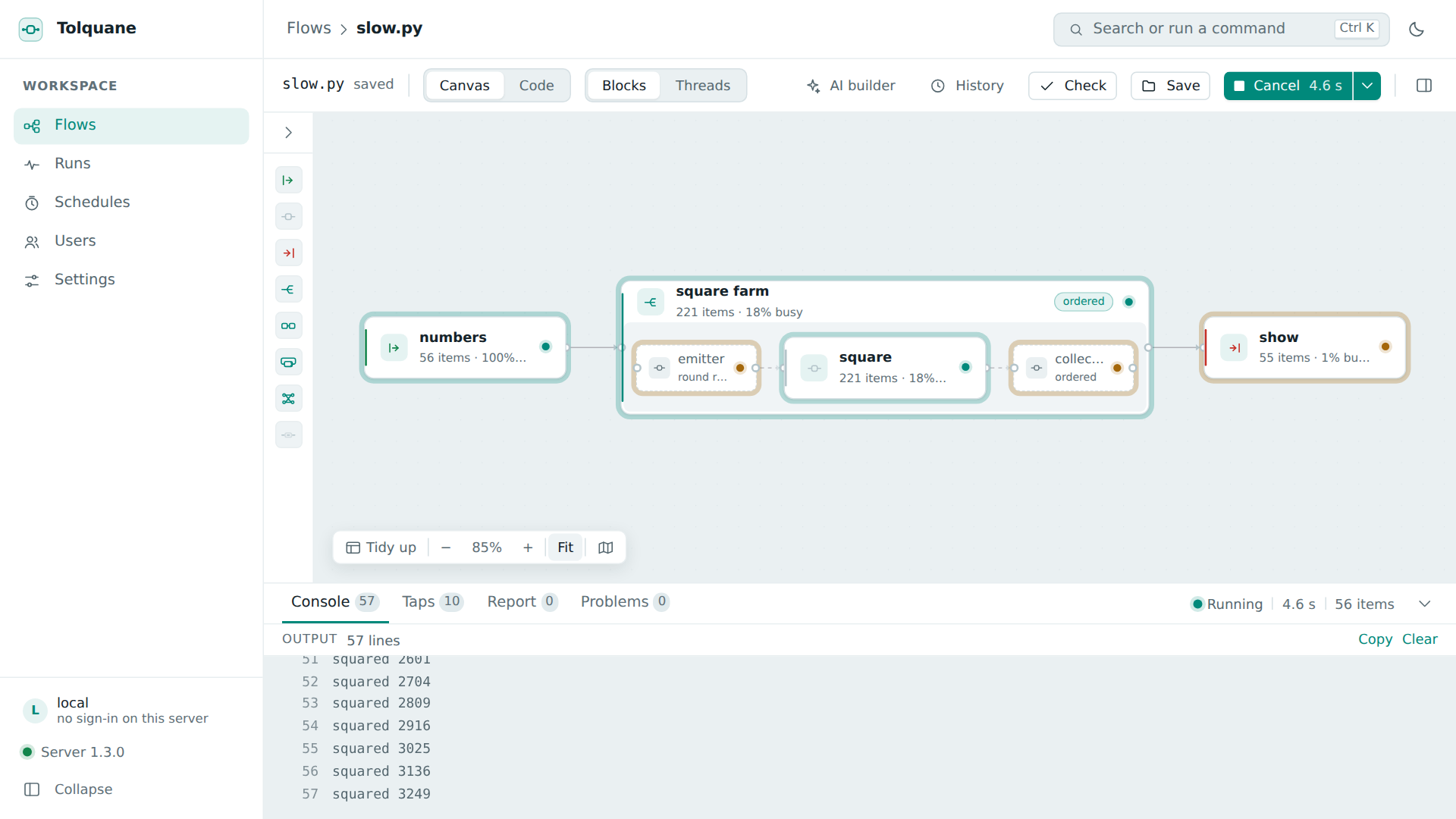 A flow running in Tolquane Web: item counts on every card, queue depths on every edge, output arriving live