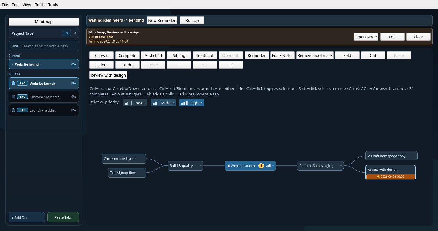 Website launch branch showing content and quality work, a completed draft, and a scheduled design review