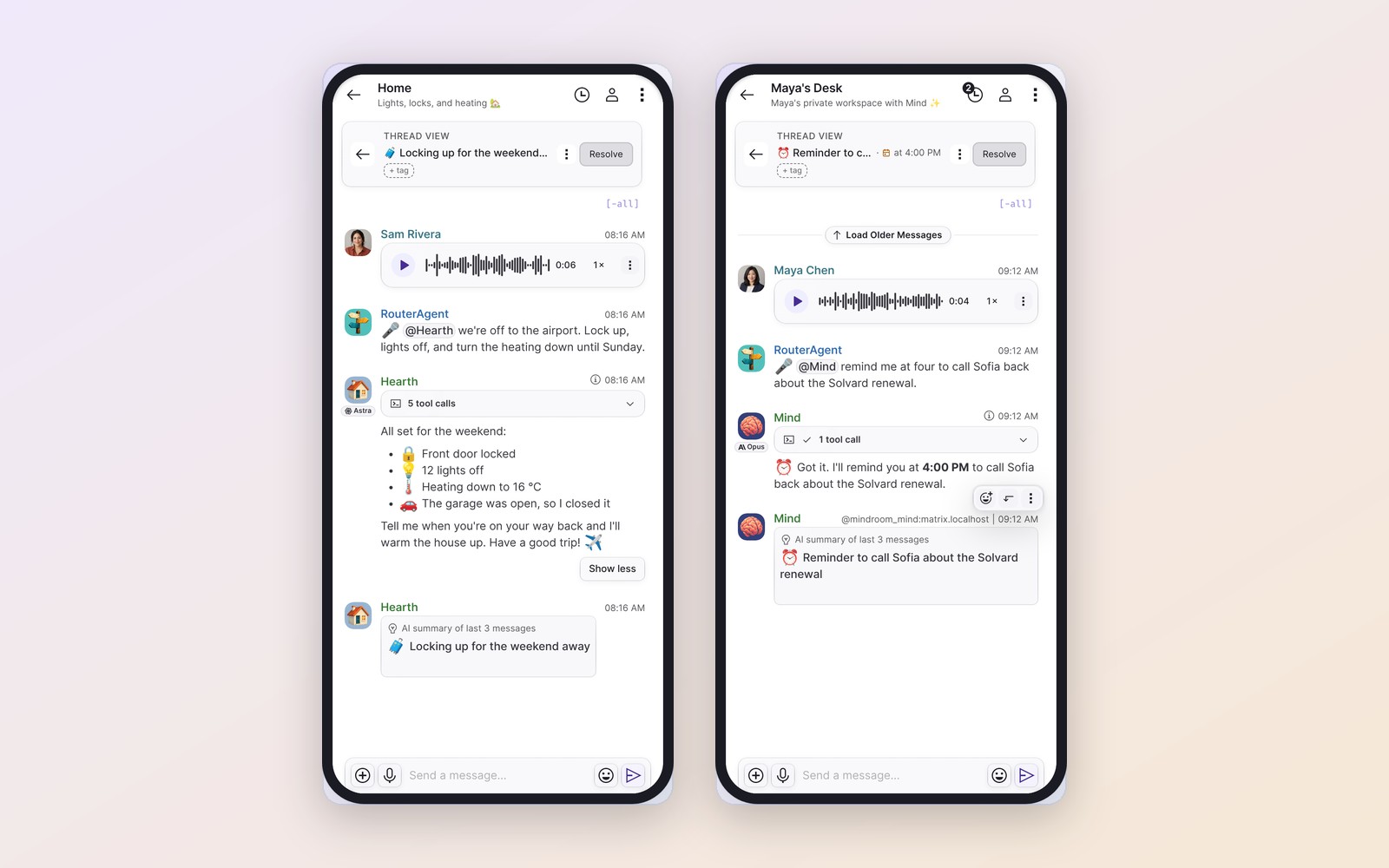 Two phone screens: a voice note locks up the house, and another sets a reminder