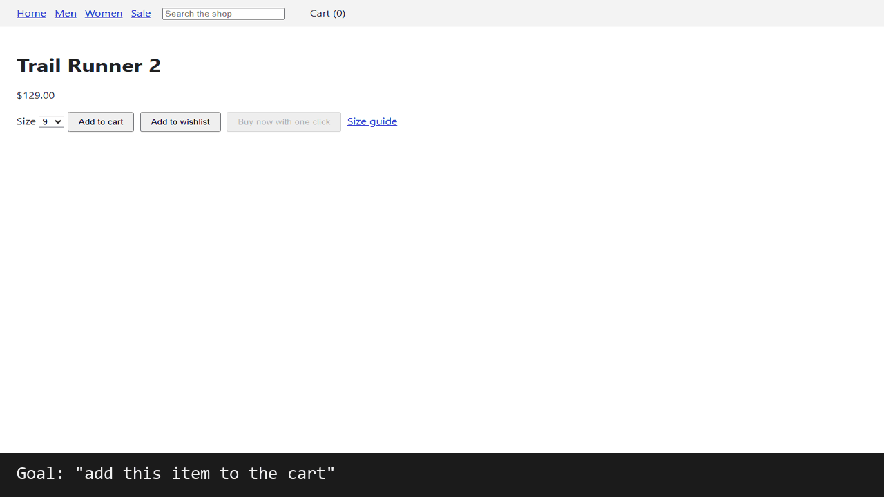 An agent adds an item to the cart and checks out, then the viewer replays what Jev was told