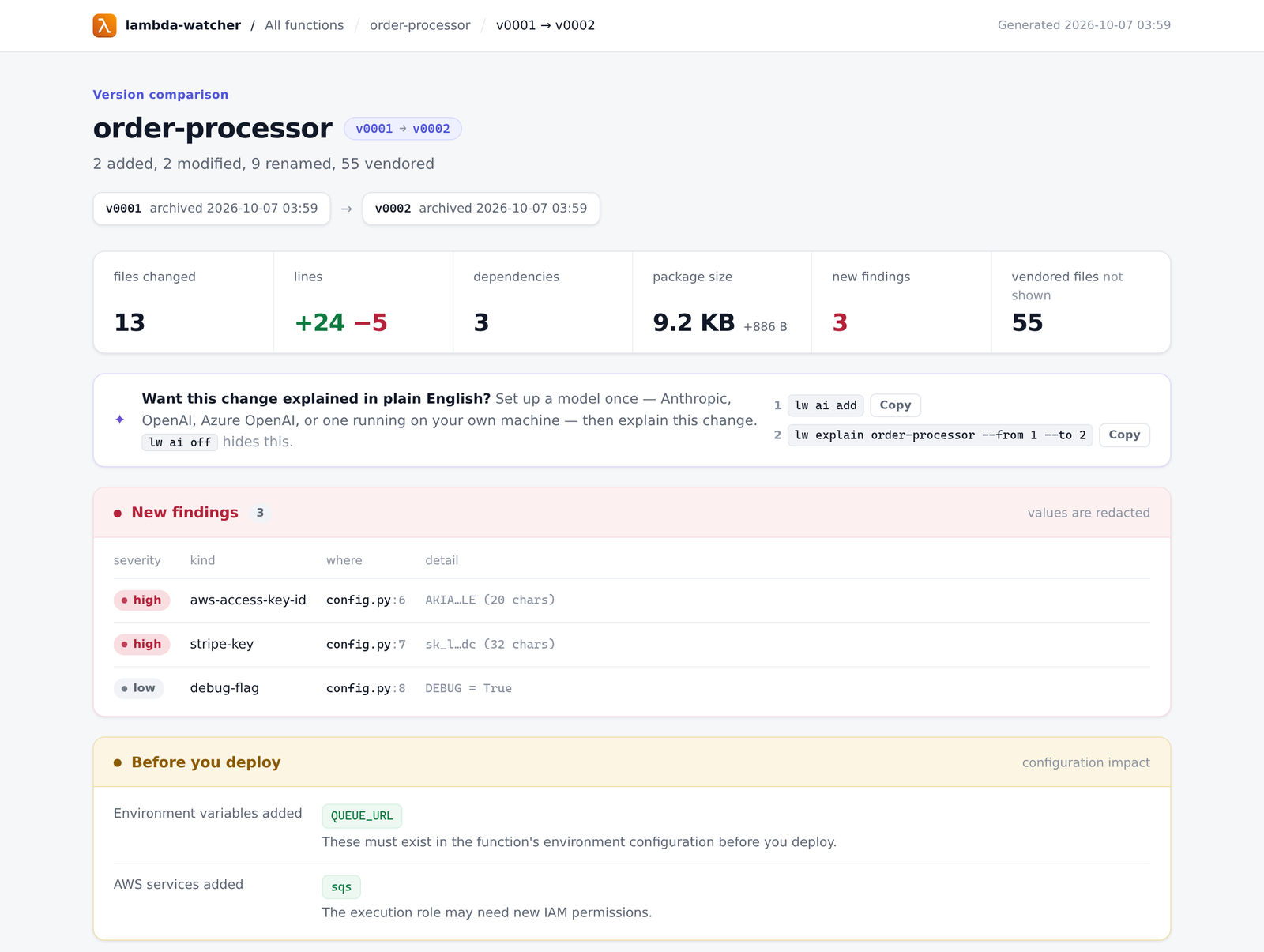 The HTML report lambda-watcher writes for a new version: files changed, lines, dependencies, package size, new secret findings, and the environment variables and AWS services the new code needs before it is deployed
