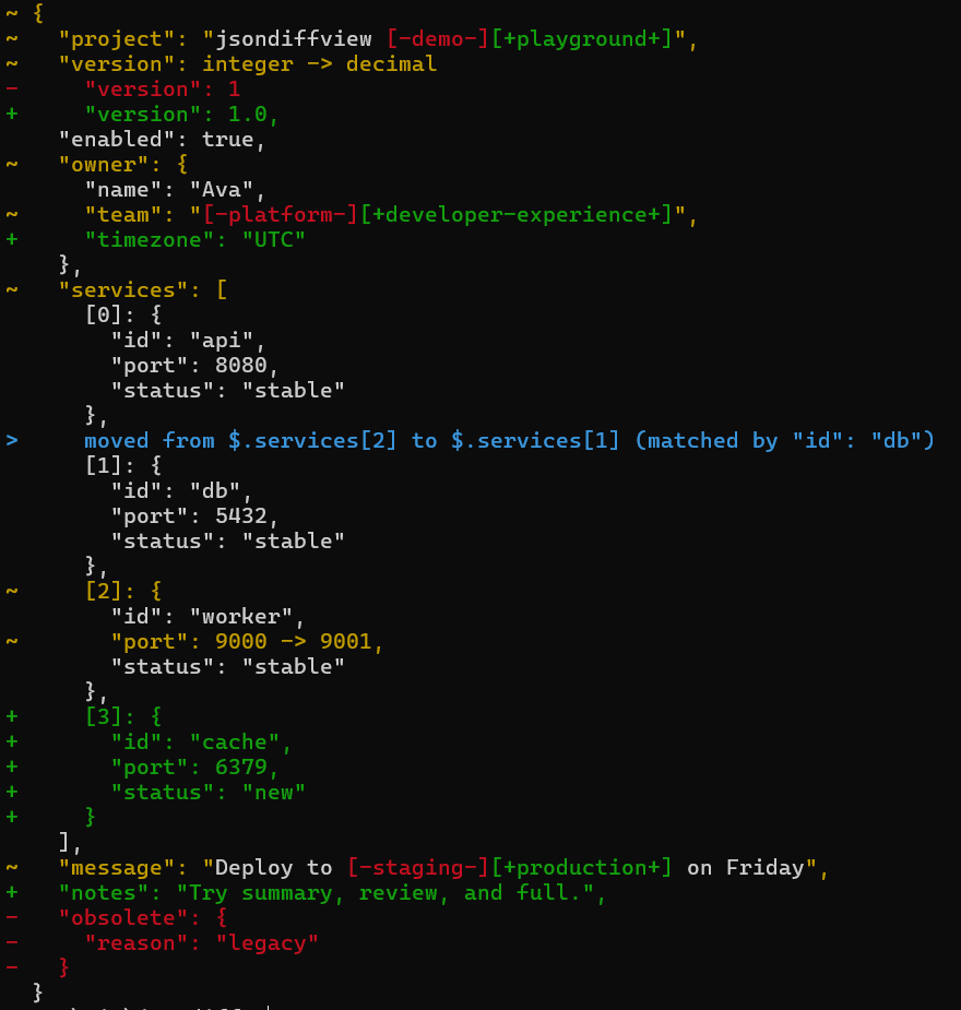 Terminal screenshot of jdv reviewing nested JSON changes, moves, additions, and removals