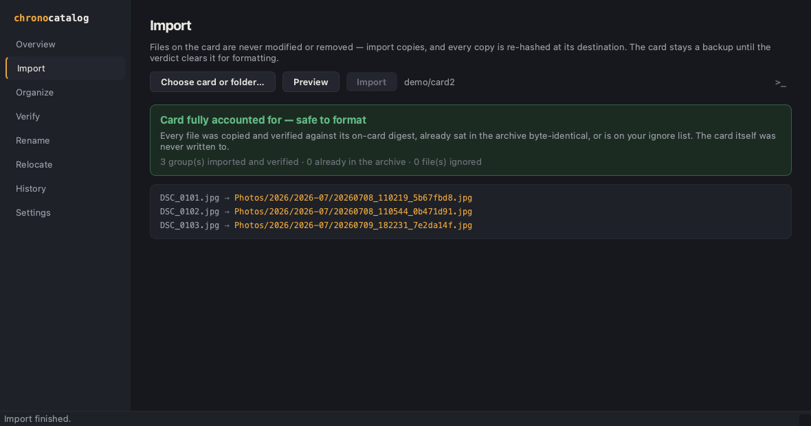 The Import view after copying a card: a green banner reads "Card fully accounted for — safe to format", above the list of copied files with their new names.