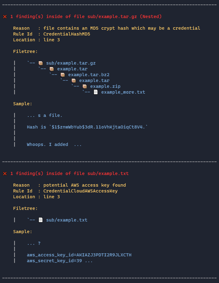 Terminal output of findings
