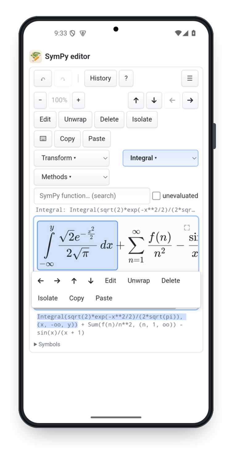 The editor on Android, the Gaussian integral selected