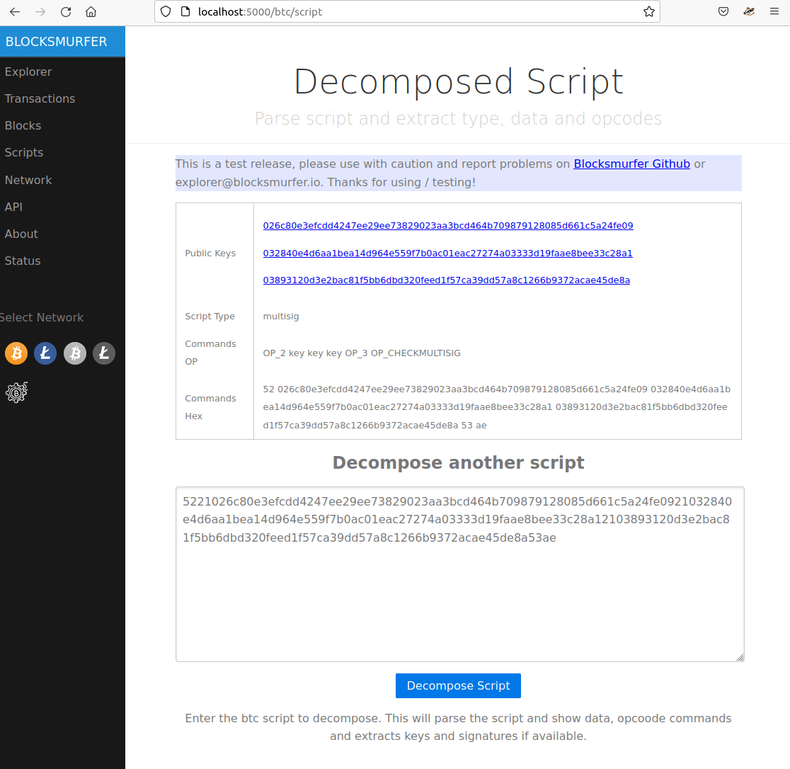 Decompose complex bitcoin scripts, analyse keys, signatures and witness data