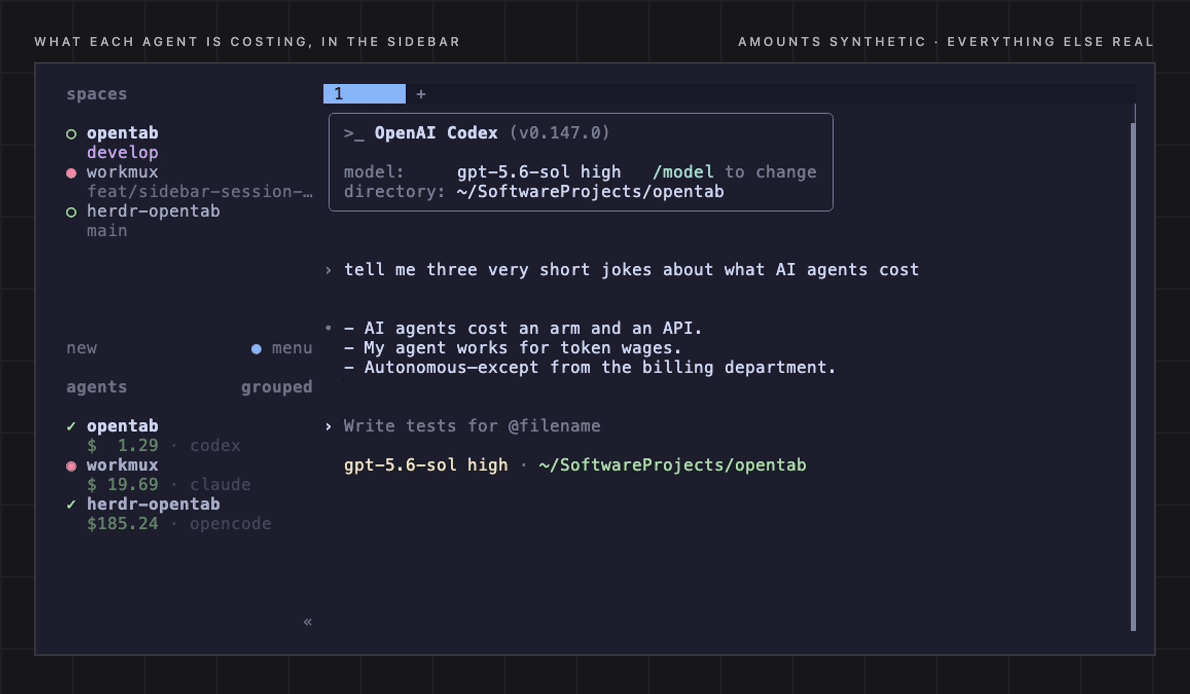 The Herdr sidebar with a price beside every agent