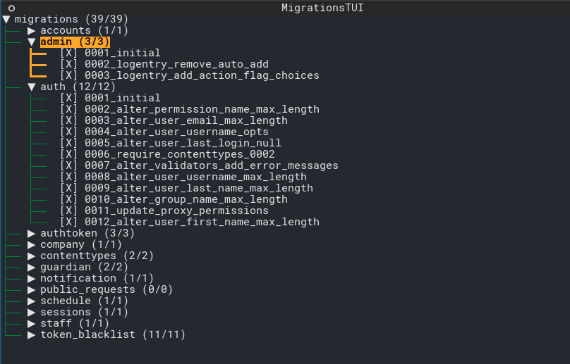 Screenshot of django-migrations-tui