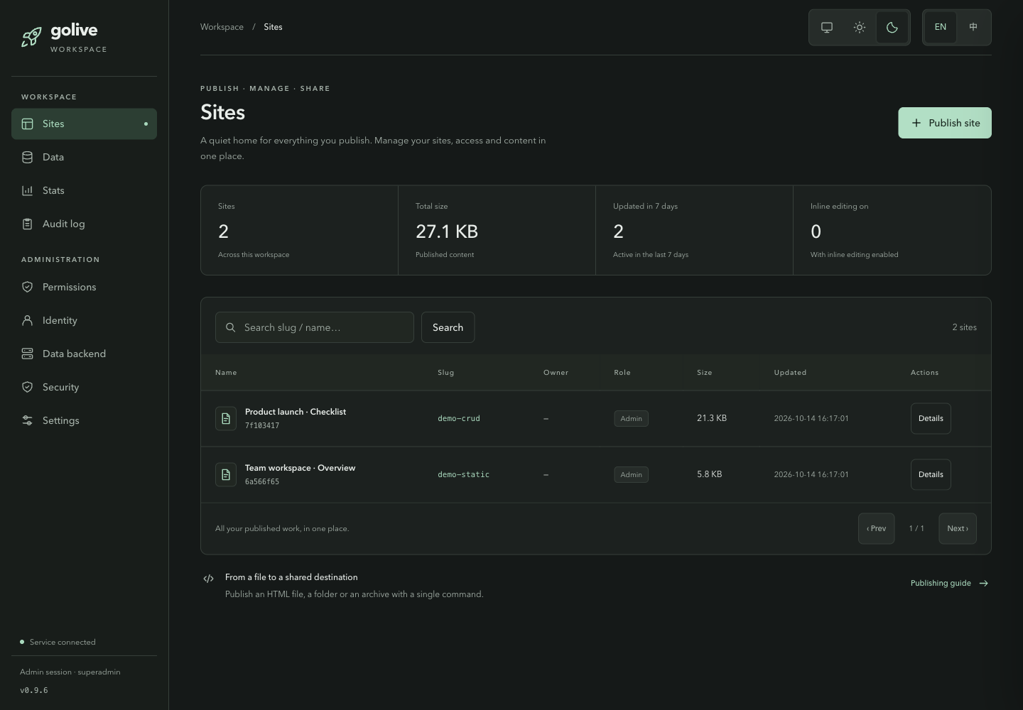 The admin portal — dark theme