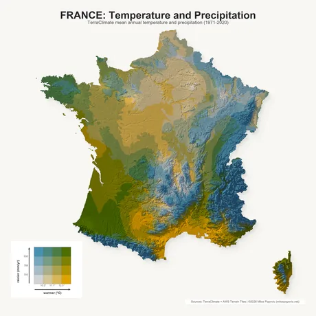 France coloured by a two-variable temperature and precipitation scheme
