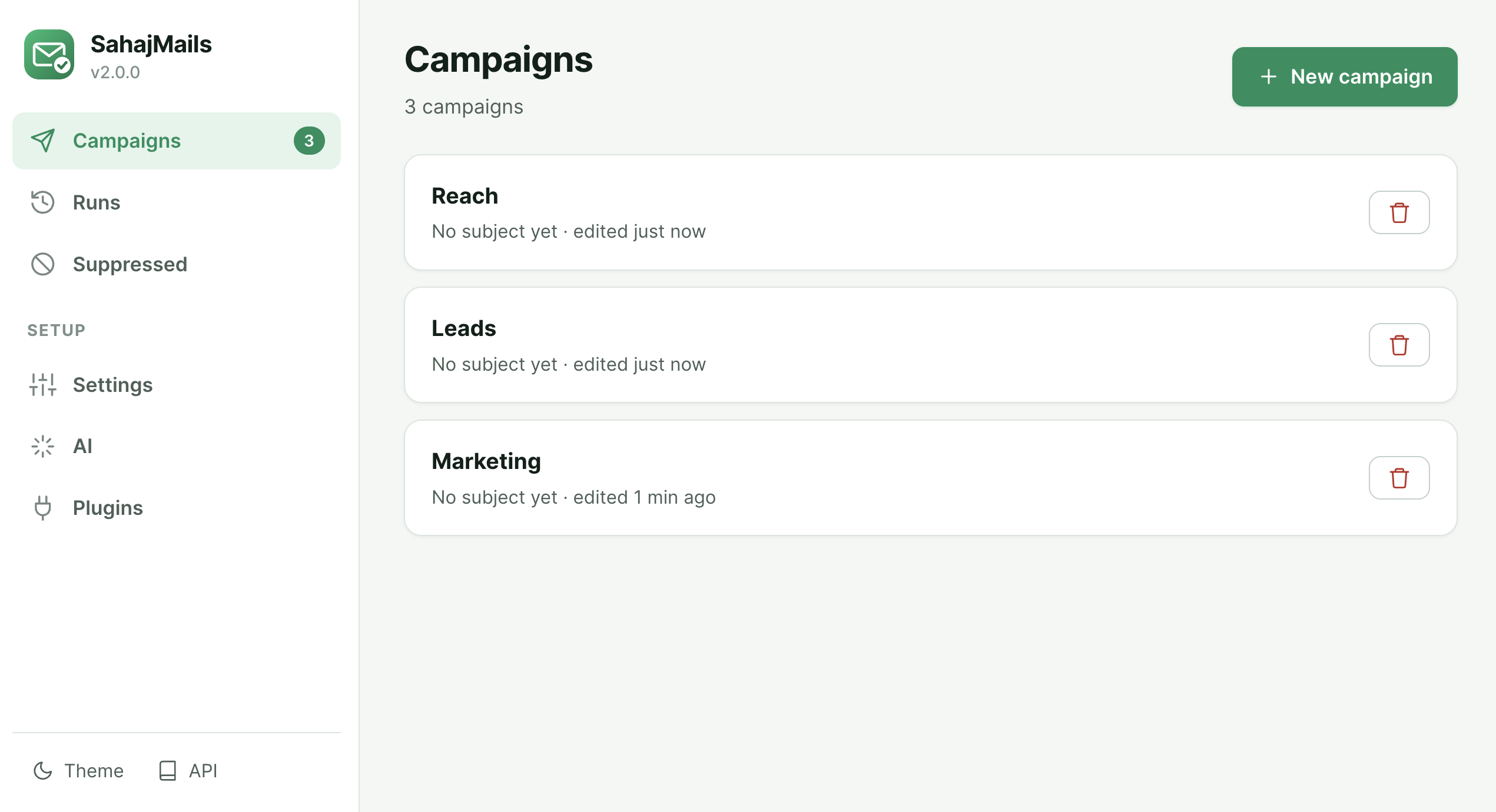 SahajMails Campaigns View
