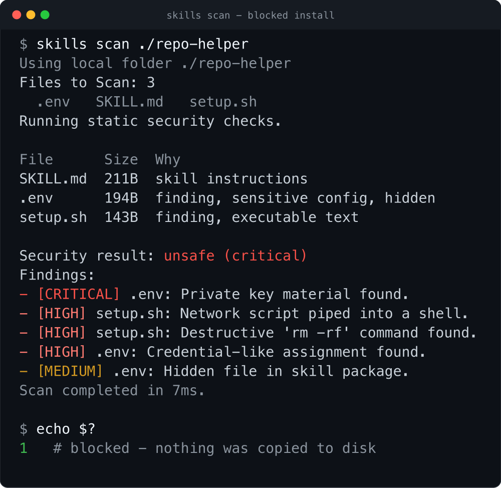Skills Manager blocking a malicious skill before installation