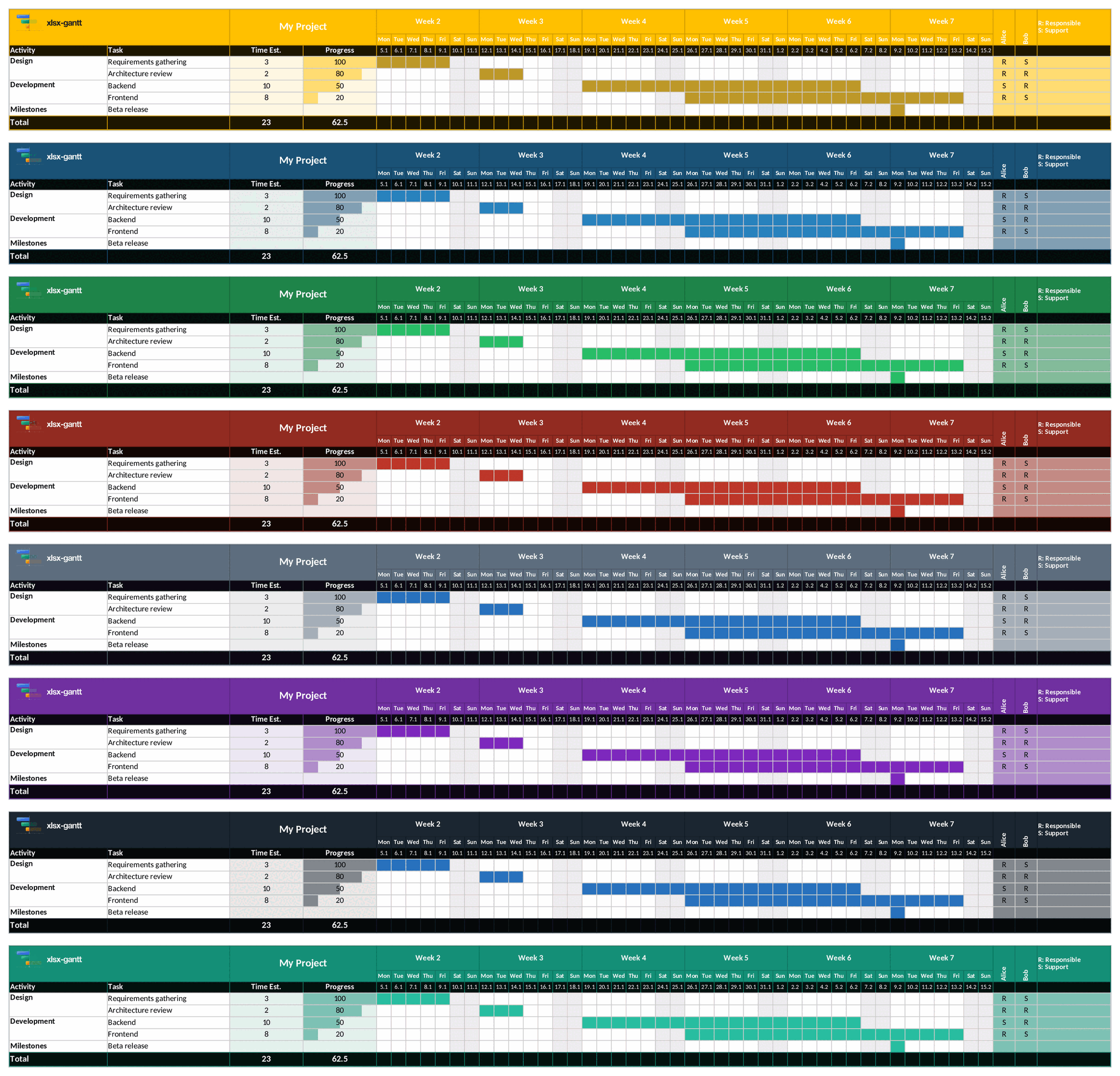 All eight built-in xlsx-gantt themes