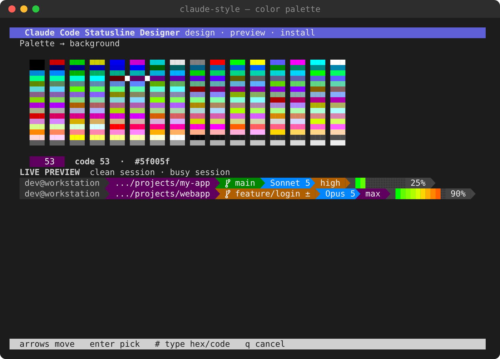 The 256-color palette picker, previewing the hovered color in the live statusline below it
