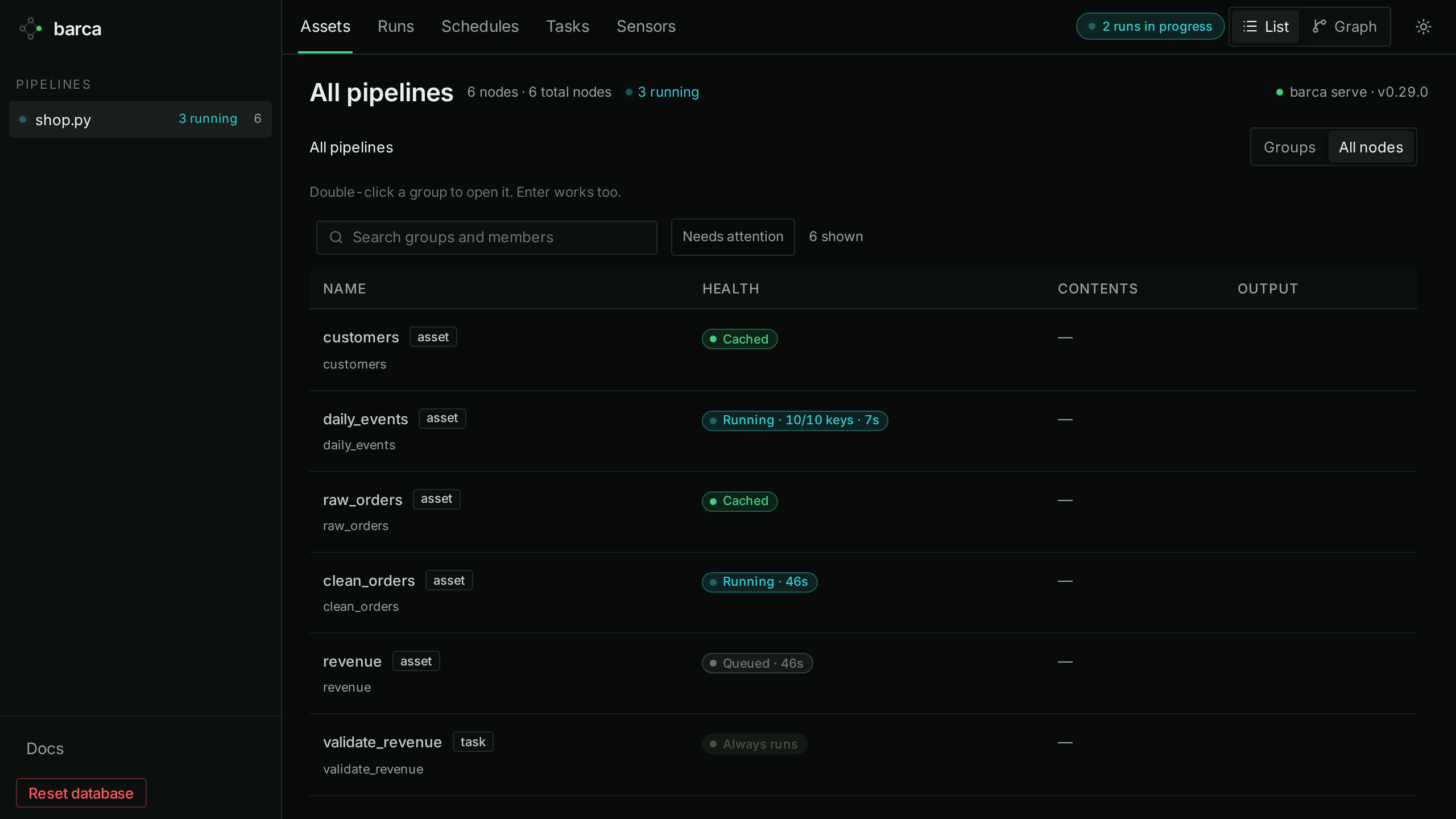 The barca web UI listing a pipeline's six nodes: two cached, two running, one queued and a task that always runs