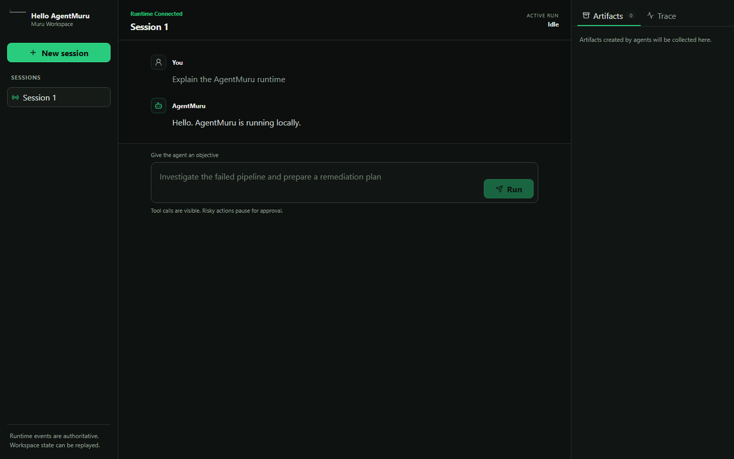 AgentMuru Workspace showing a durable session, messages, artifacts, and trace activity