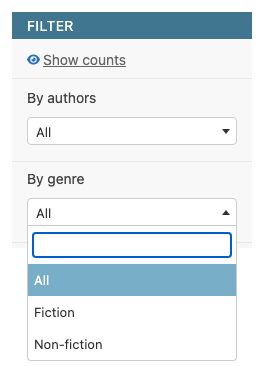 ChoiceFilter dropdown open, listing Fiction/Non-fiction