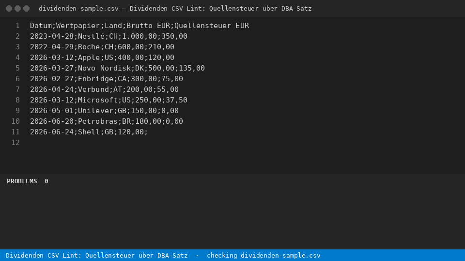 Dividenden CSV Lint: Quellensteuer über DBA-Satz — finds the line