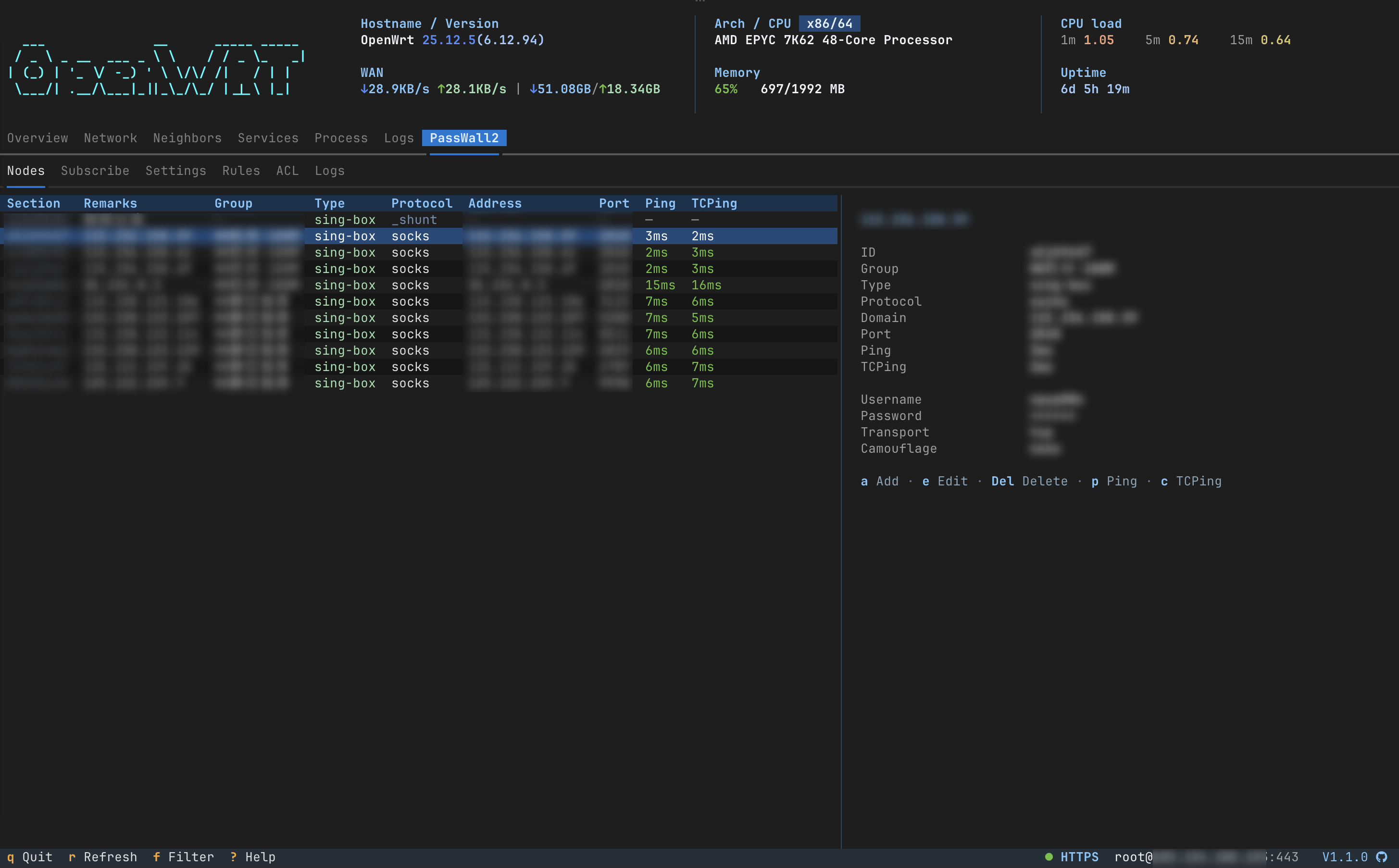 TUI PassWall2 — node table, Ping / TCPing, add / edit / delete