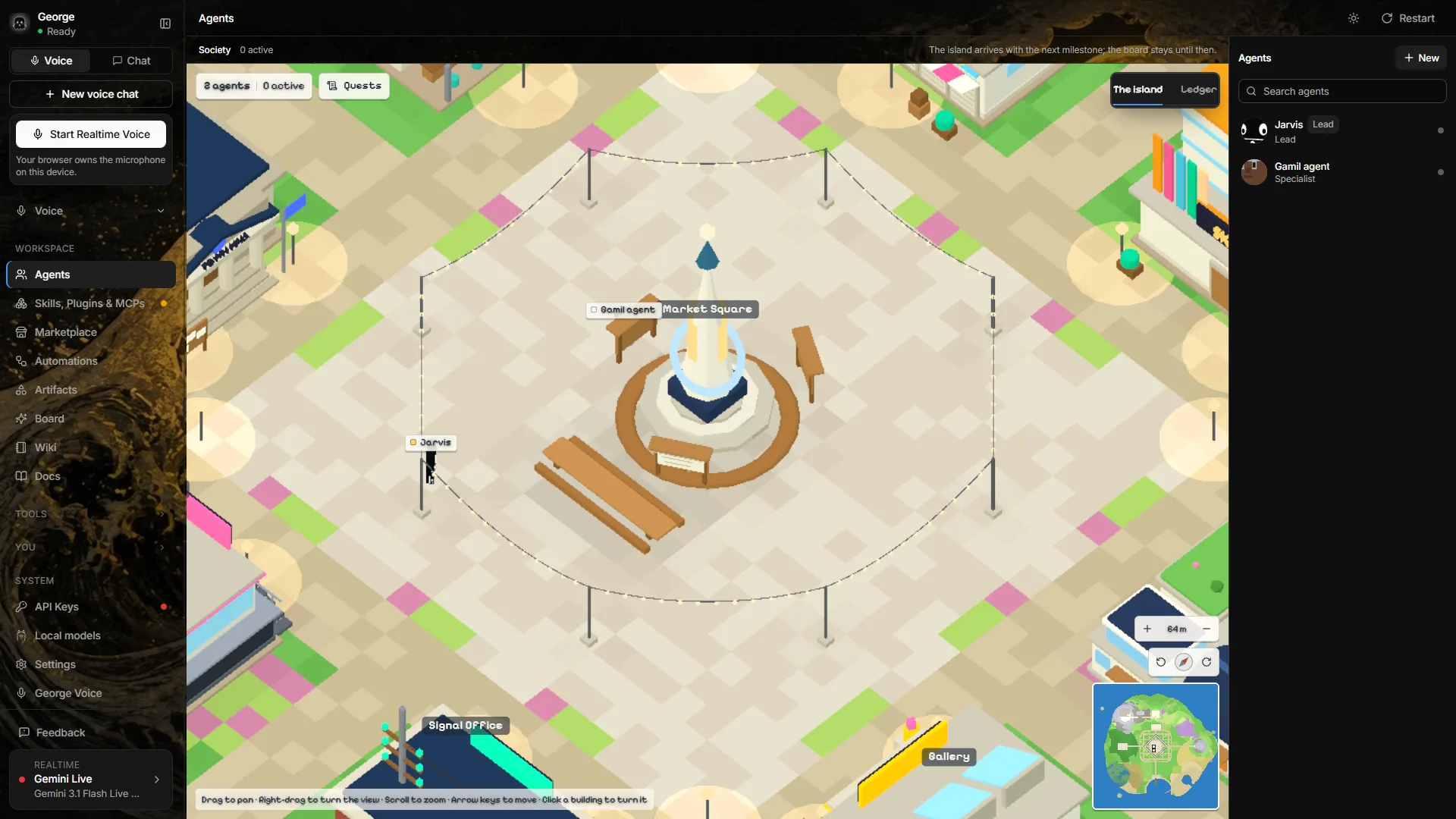 The Agents island: two figures on the market square, a roster of agents on the right, and a switch between the island and the ledger