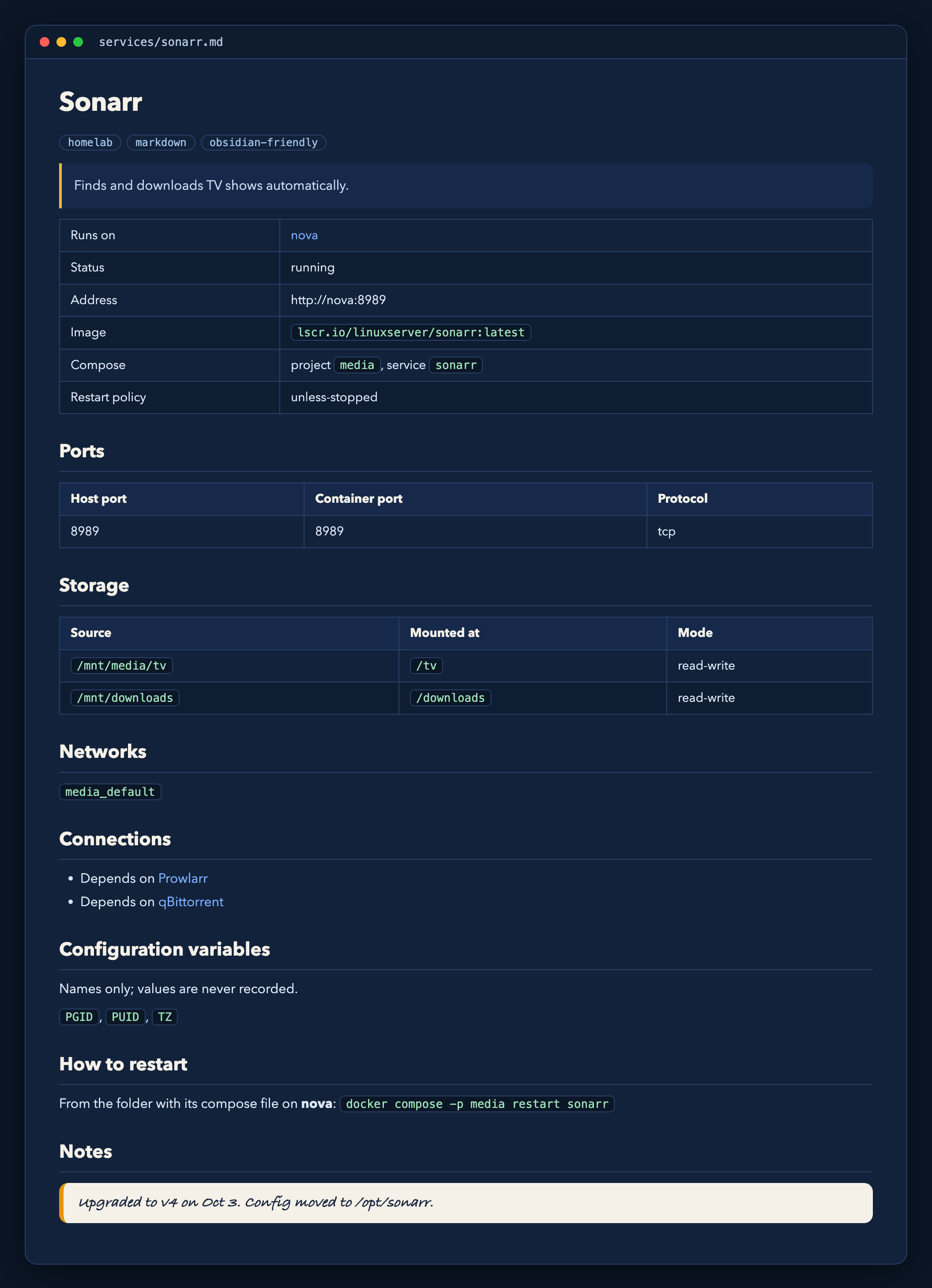 A service page for Sonarr showing ports, storage, networks, connections, how to restart it, and a handwritten note kept across runs