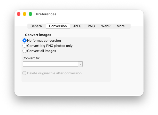 Optimize Images X - Preferences Window: Conversion