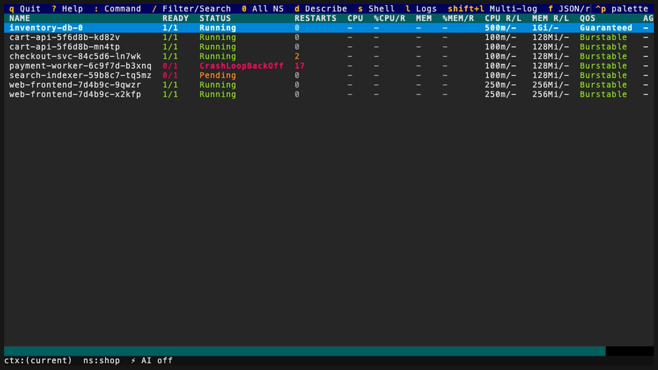 korvid demo — browsing pods, filtering, describe, live logs, and the help overlay