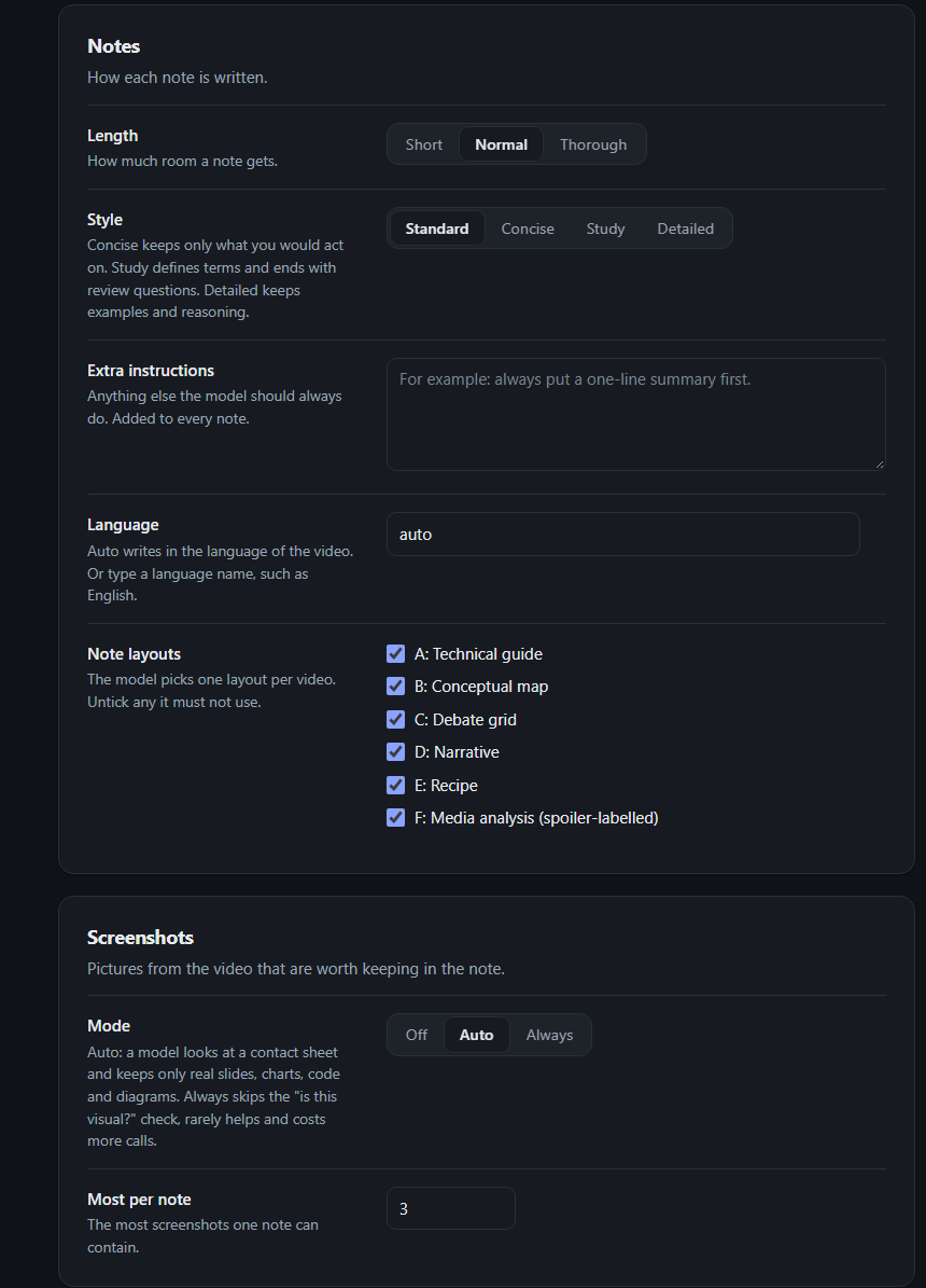 Note and screenshot settings
