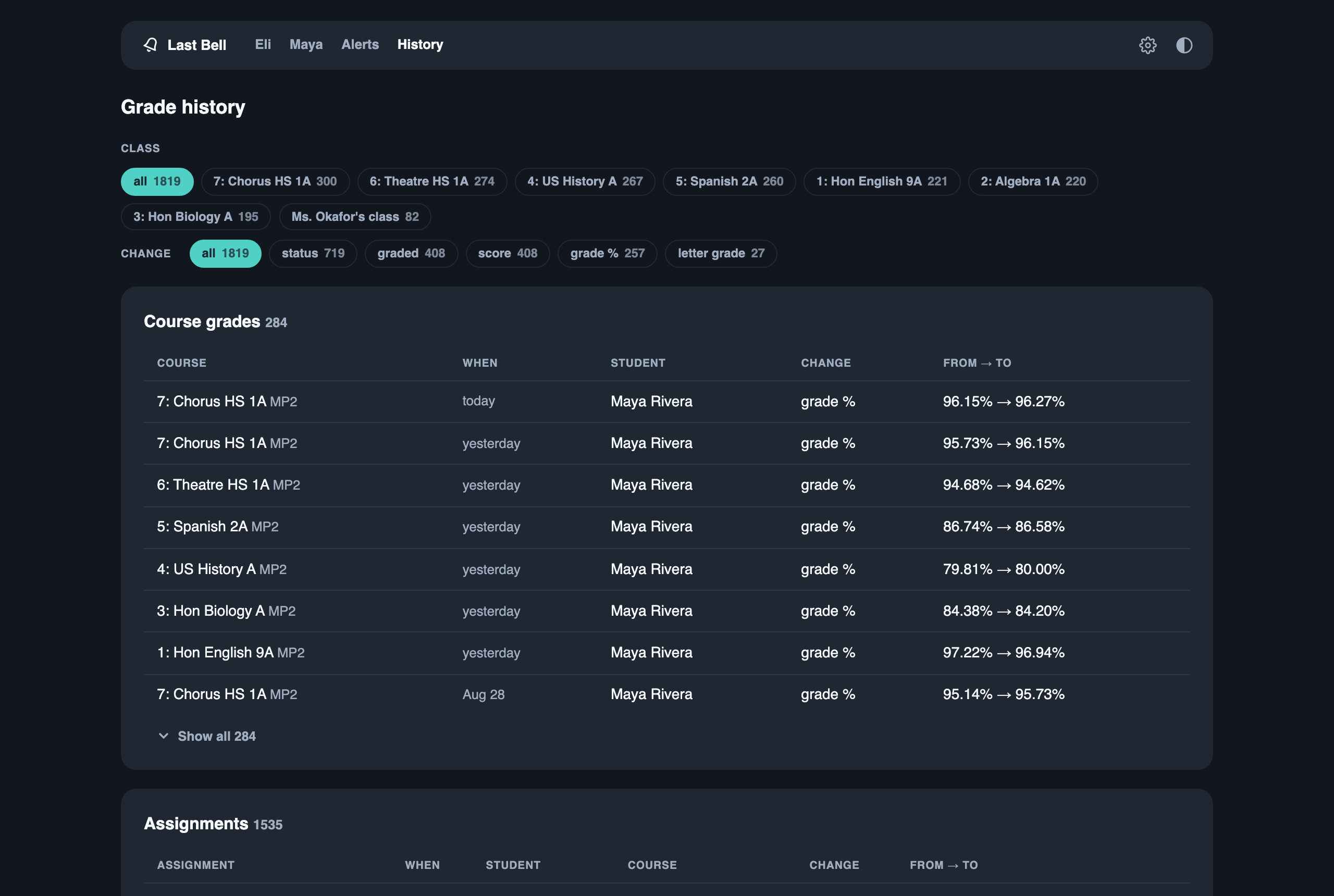Grade history with class and change-kind filters