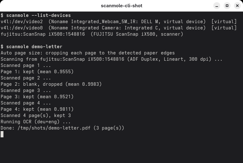 Screenshot: The ScanMole CLI listing devices and scanning a duplex batch to a searchable PDF