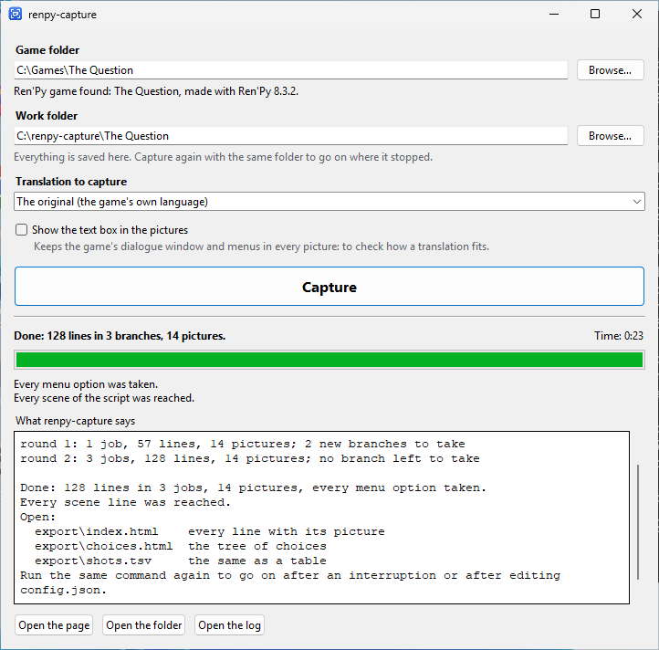 The window of renpy-capture after a capture of The Question: the game folder, the work folder, the translation to capture, the Capture button, and under them what was captured and the buttons to open the page and the folder