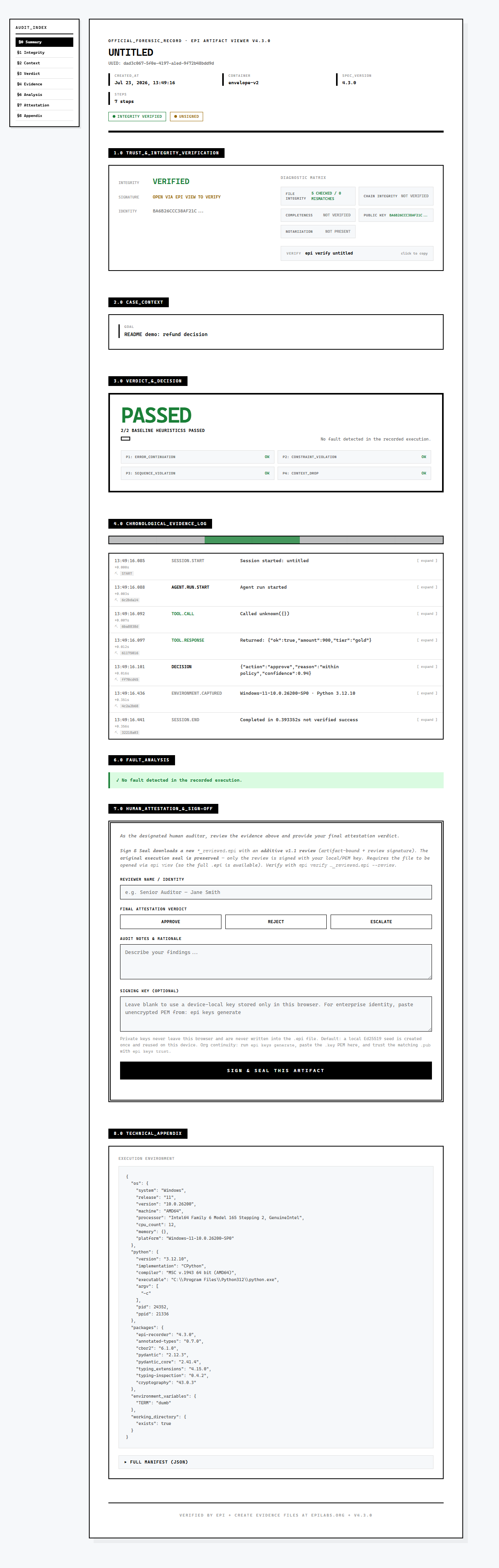EPI offline viewer showing a sealed .epi evidence file — timeline, integrity, and decision context