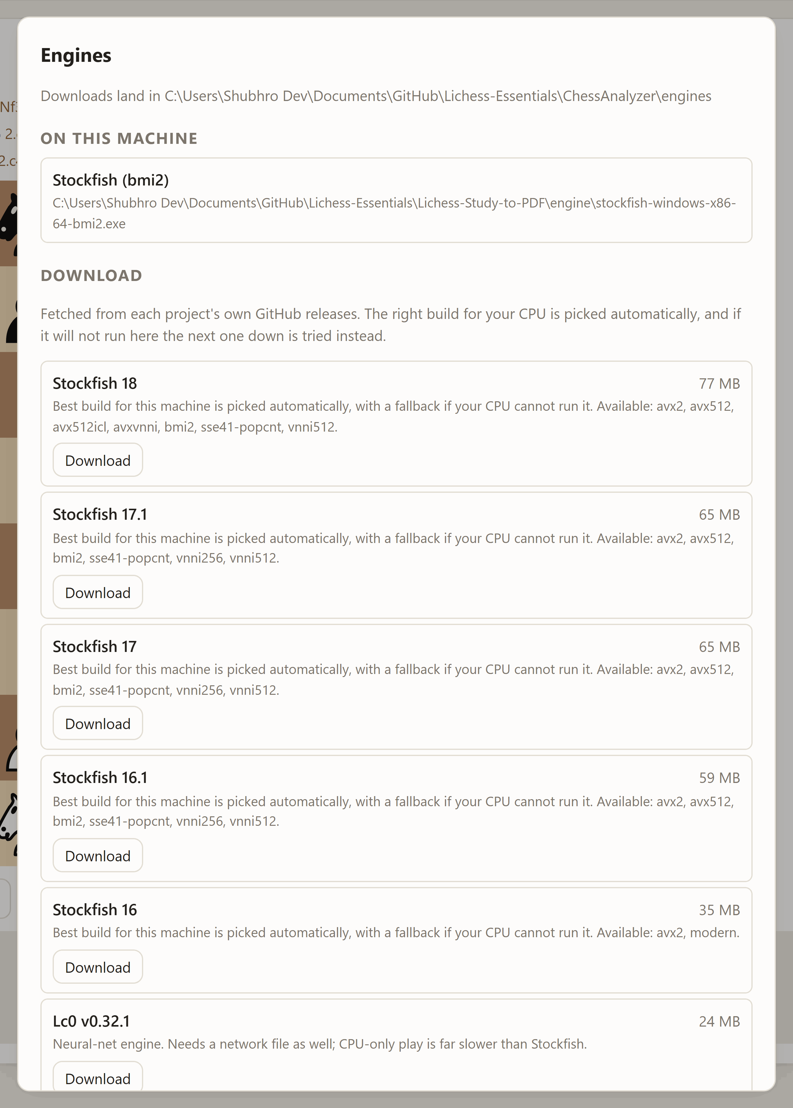 The engine picker: the Stockfish already found on this machine at the top, then every Stockfish release available to download with its size and the CPU builds it ships, then Lc0