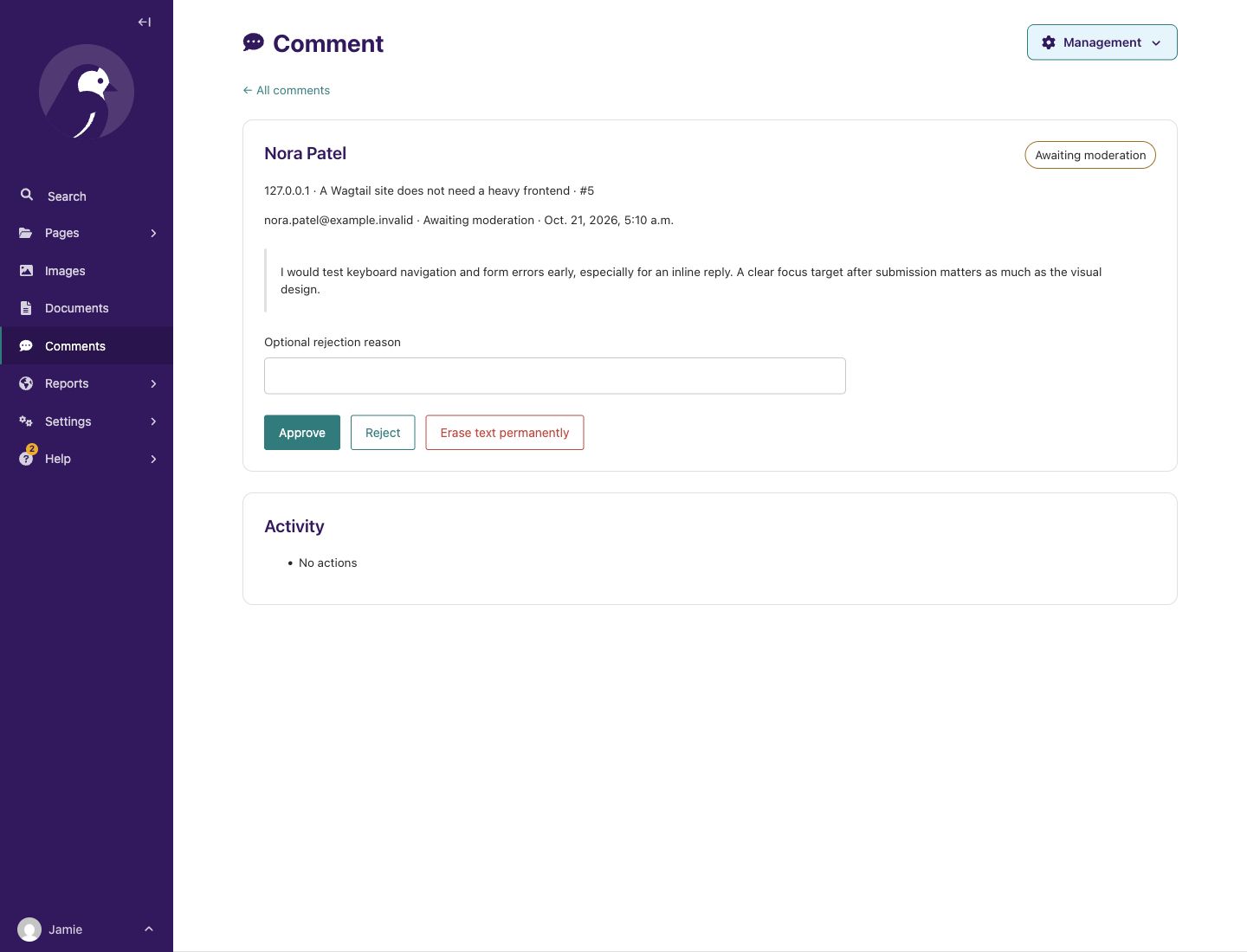 Individual comment awaiting moderation with available actions and activity history