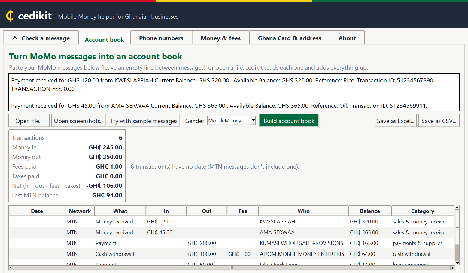 An account book built from six MoMo messages