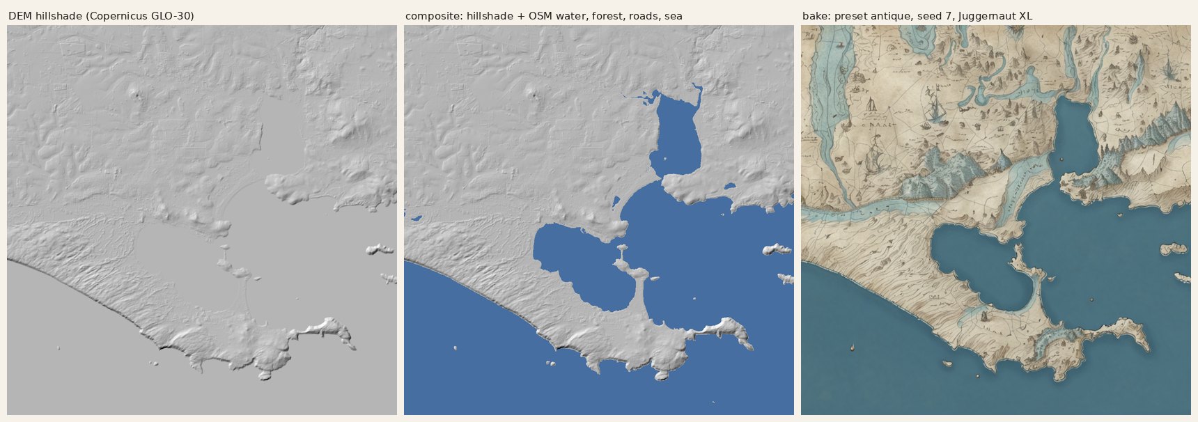Albany, Western Australia: DEM hillshade, the OSM composite, and the baked antique map, same extent