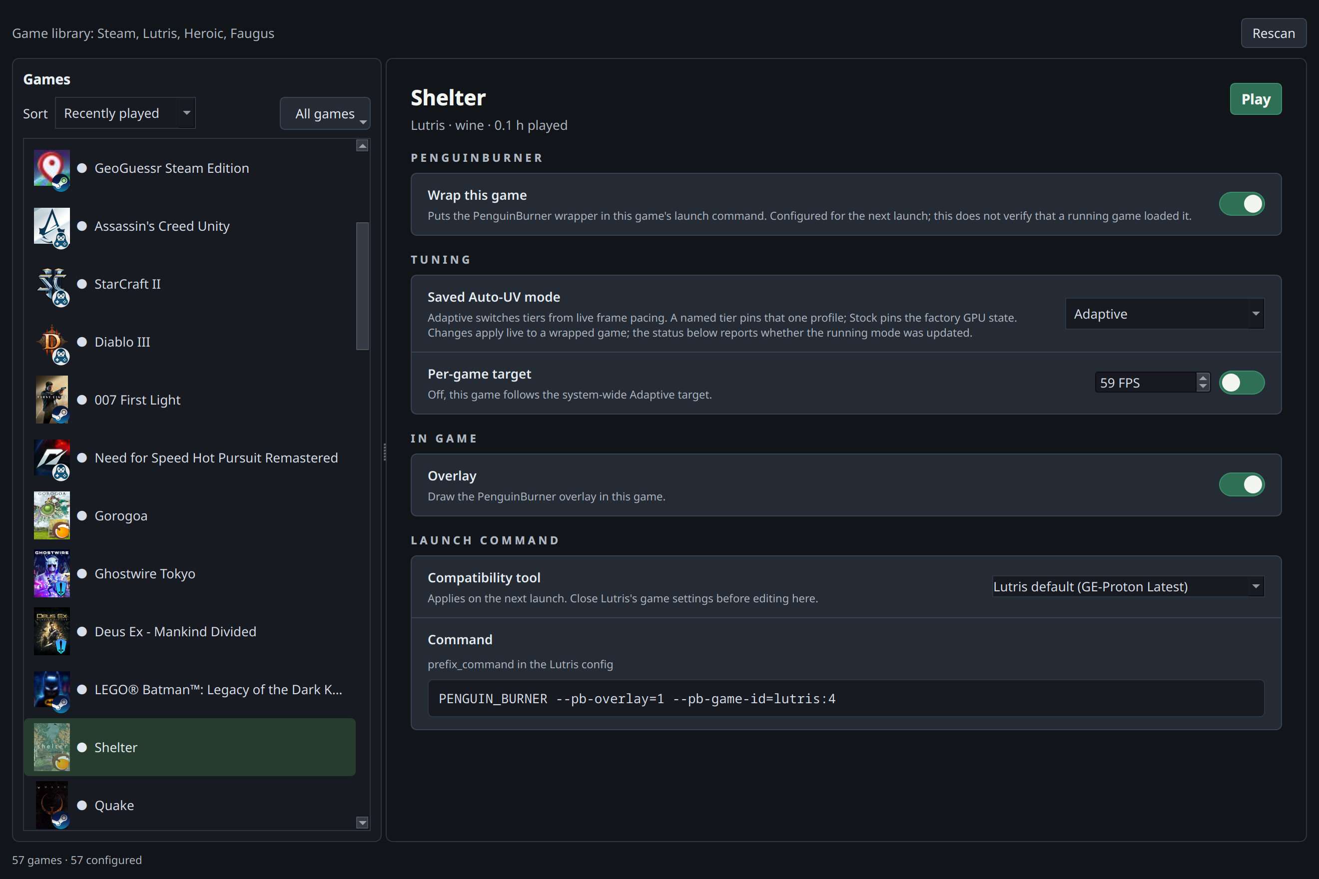 Game Library showing Steam, Lutris and Heroic games, with a Lutris game's Adaptive settings and overlay controls