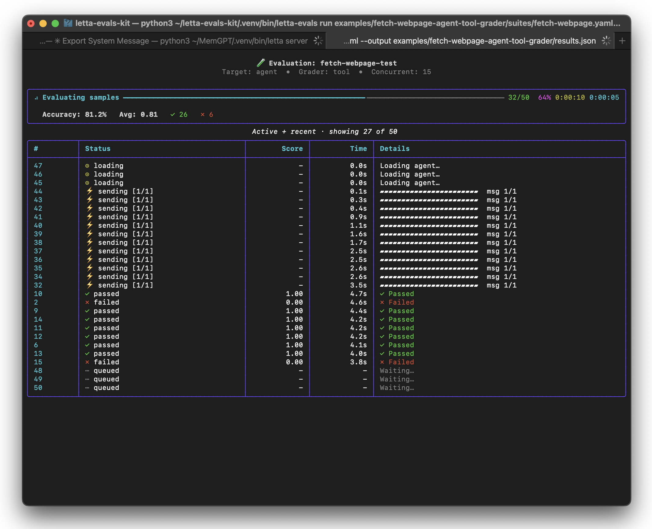 Letta Evals running an evaluation suite with real-time progress tracking