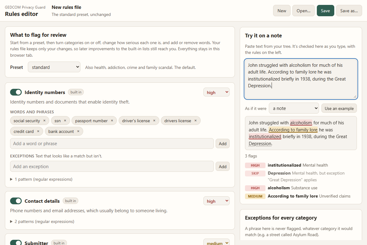 The rules editor, testing a note against the standard preset