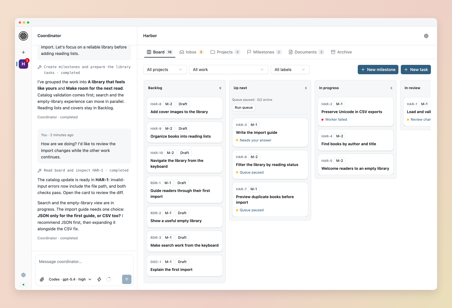 Workspace board with tasks across three projects