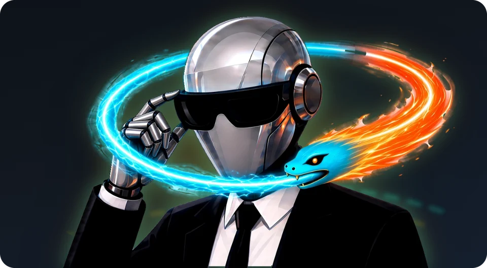 Retornatus mascot: a chrome AI agent in a black suit adjusting sunglasses, with a teal ouroboros serpent and an orange comet flame