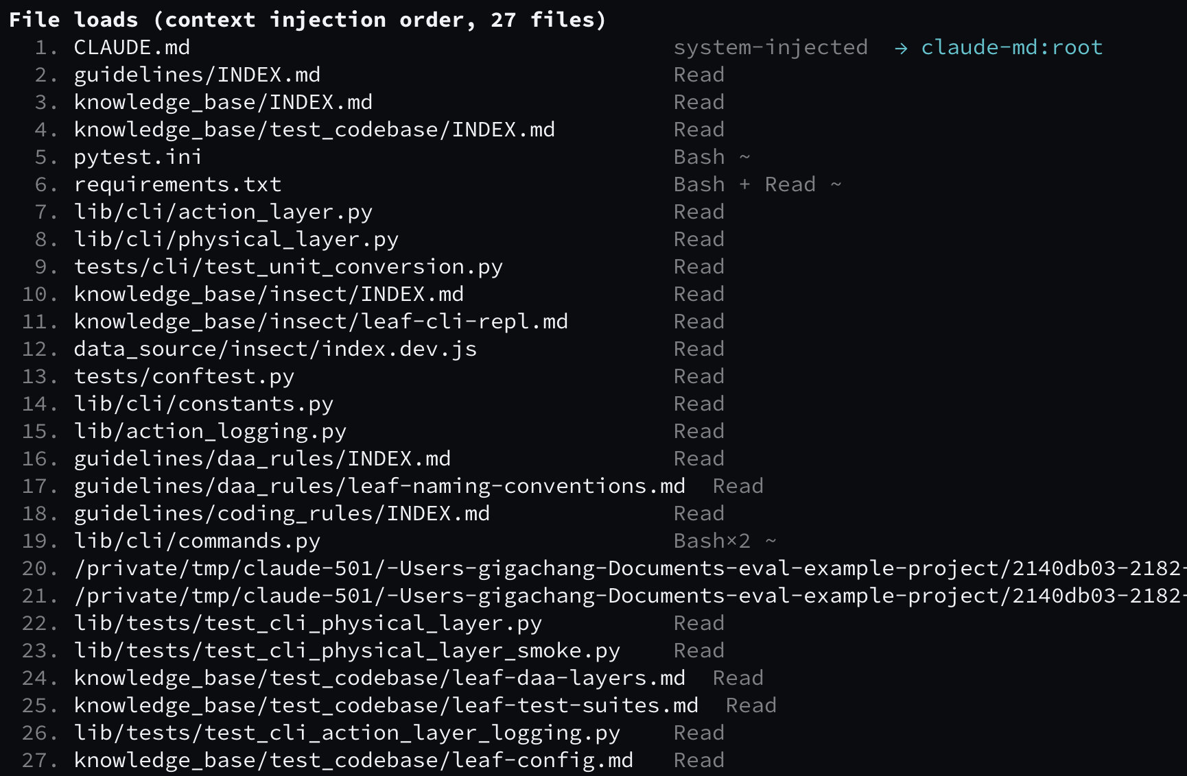 File loads: context injection order with load mechanism and attribution