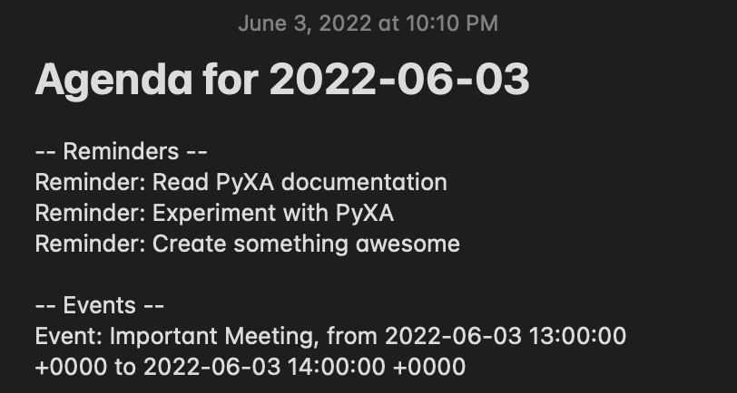 A note in the Notes app showing a summary of reminders and events for the day