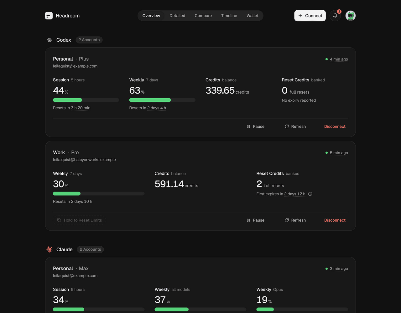 Overview: one panel per account with its limits, credits and resets