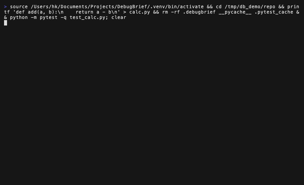 A failing test streams live, the fix lands, redo passes, and the generated brief appears